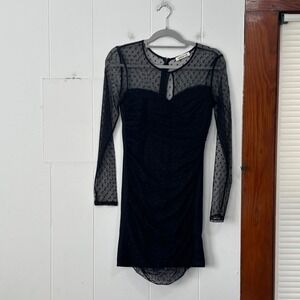 Arden B Black whimsigoth Mesh Polka Dot Sheer Long Sleeve Ruched Mini Dress